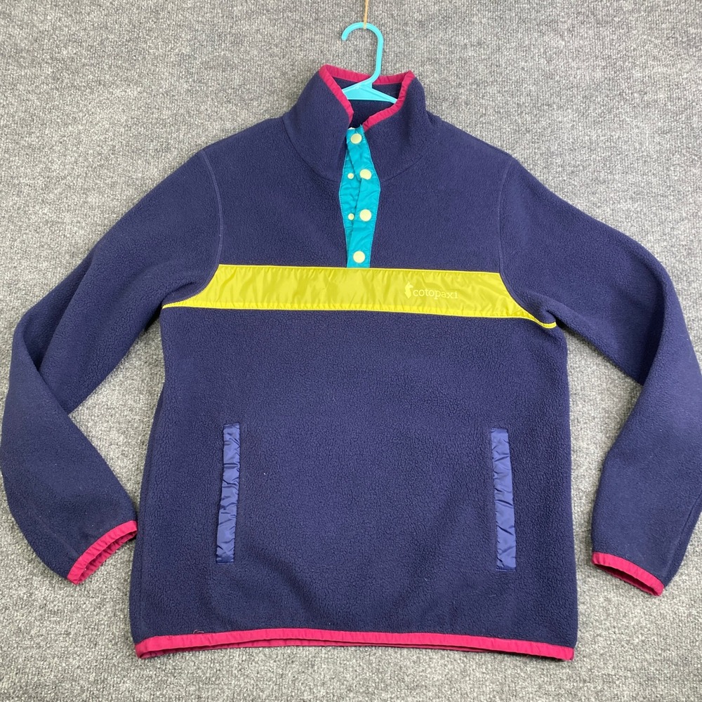 cotopaxi Navy Fleece Pullover with Yellow Chest Stripe and Teal Placket